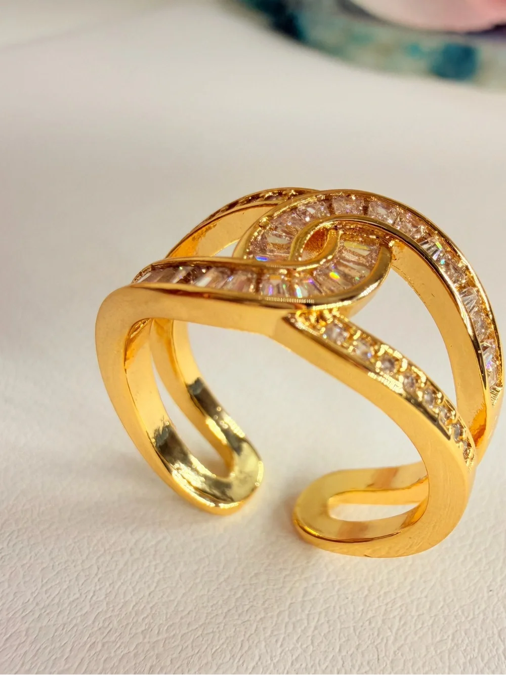 Gold-Tone Pink Baguette Crystal Wave Ring
